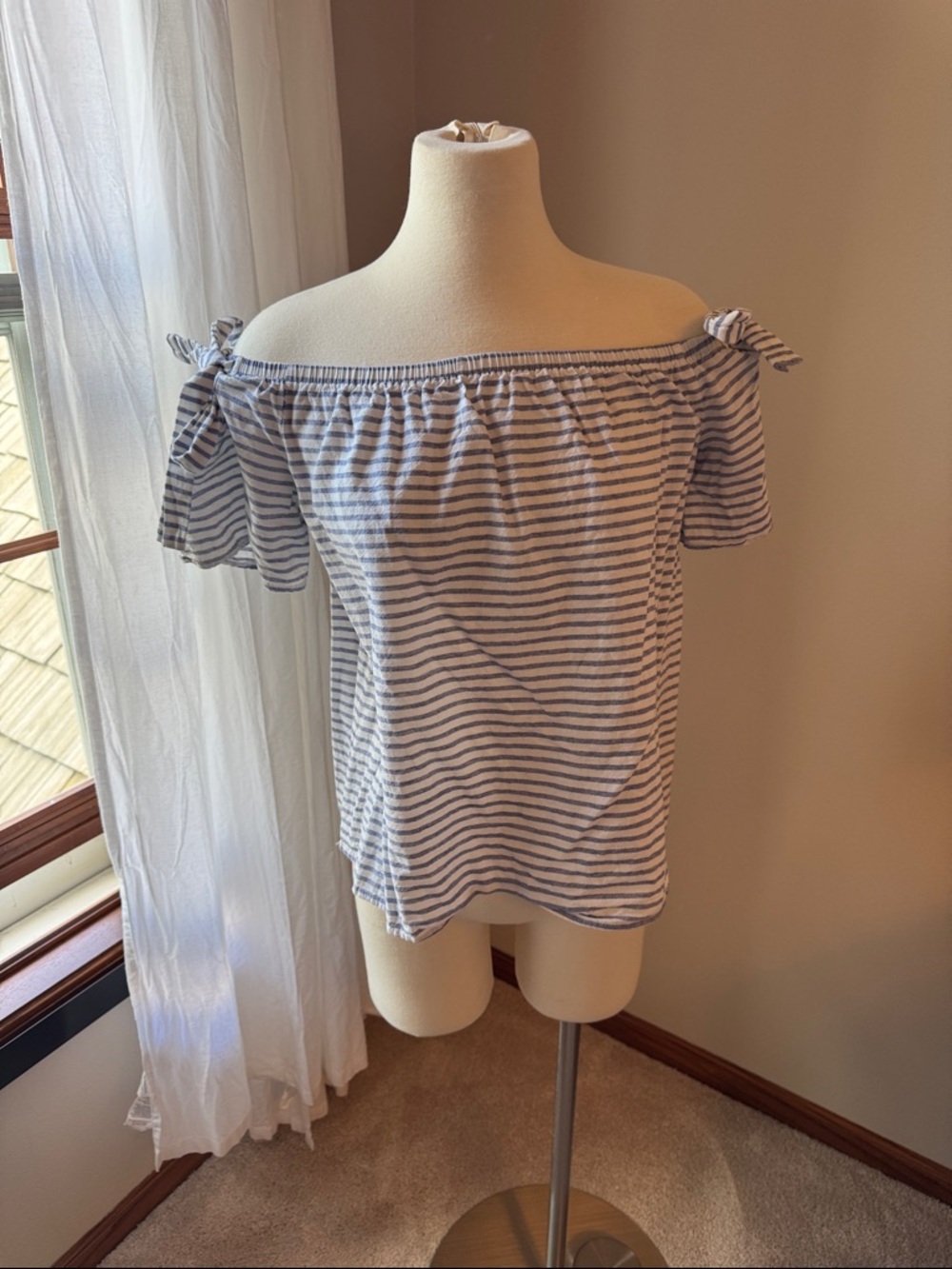 Soprano Blue and White Striped Off-Shoulder Tie Sleeve Top